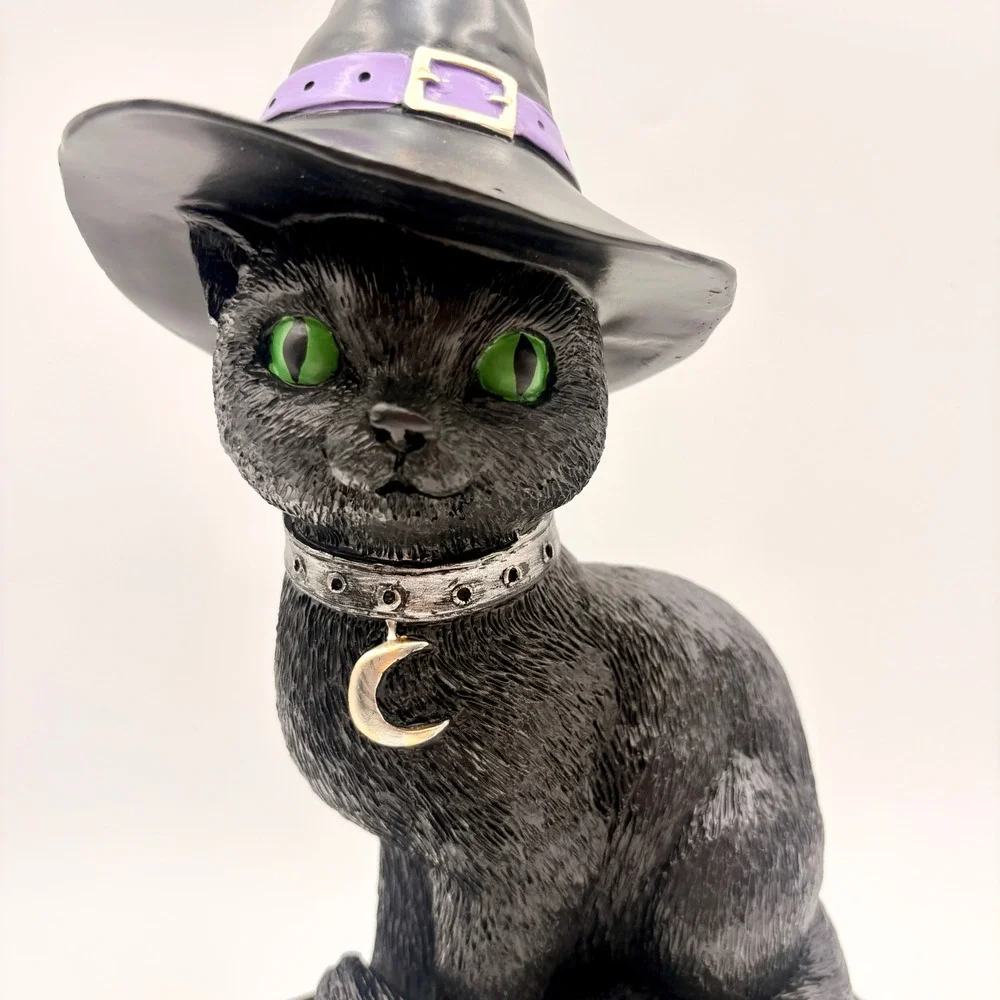 Black Cat Witch Figurine on Spell Books Gothic Halloween Decor Green Eyes Hat
